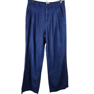 J Crew Pants Women 8 Navy Blue Linen Blend Pleated Wide Leg Trousers‎ Preppy